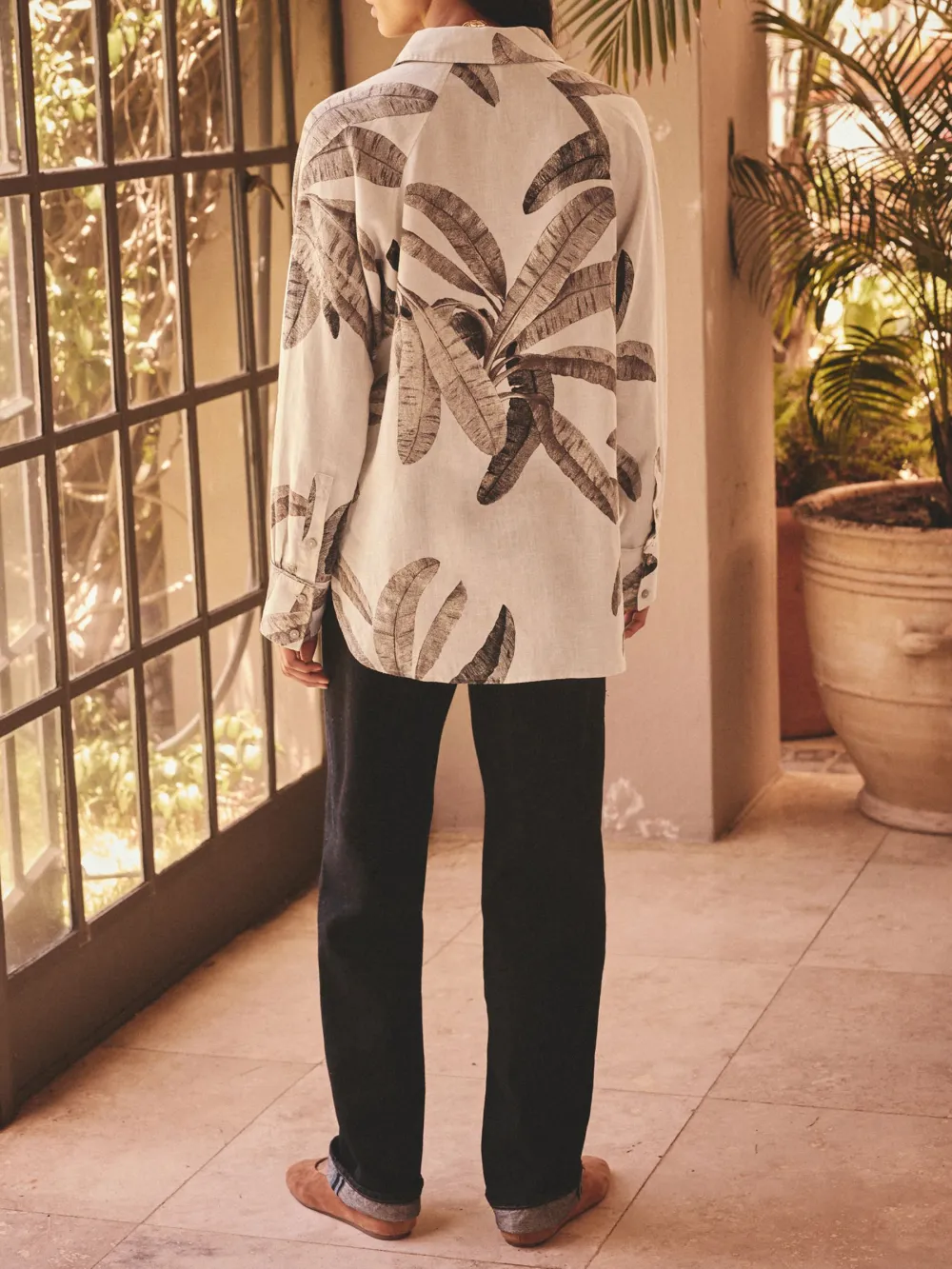 Linen Flat Collar Loose Long Sleeve Shirt