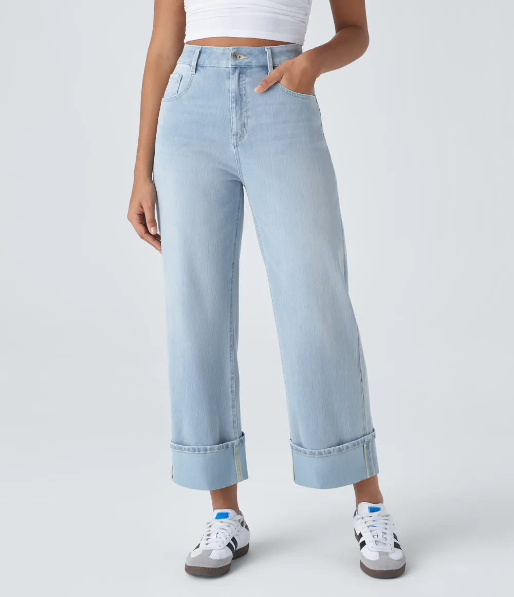 Magic High Waisted Multiple Pockets Rolled Hem Wide Leg Washed Stretchy Knit Casual Jeans