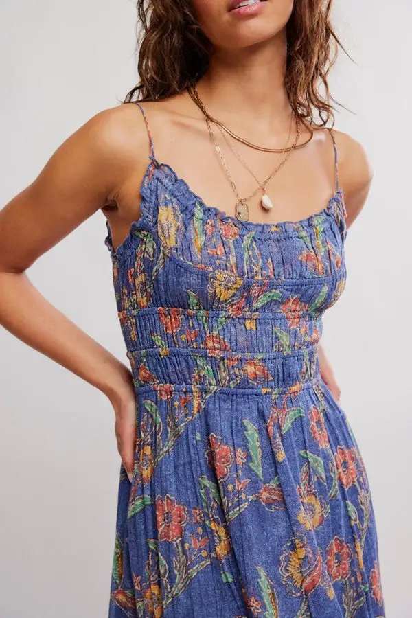 Blue Floral Print Sleeveless Maxi Dress