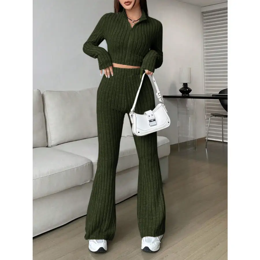 Relaxed Zip Up Long Sleeve Top and Pants Set