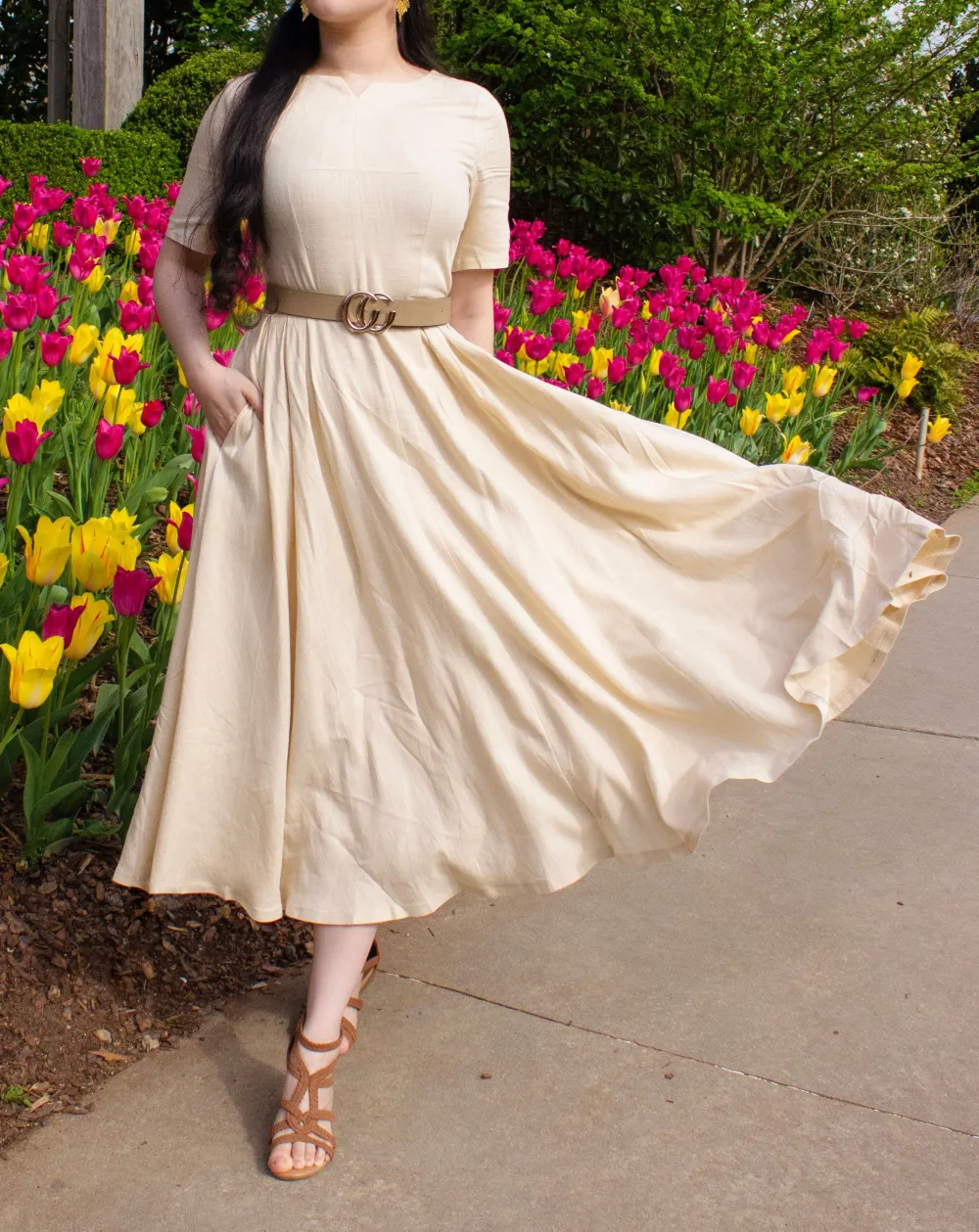 Linen Pleated Short Sleeve Midi Dress