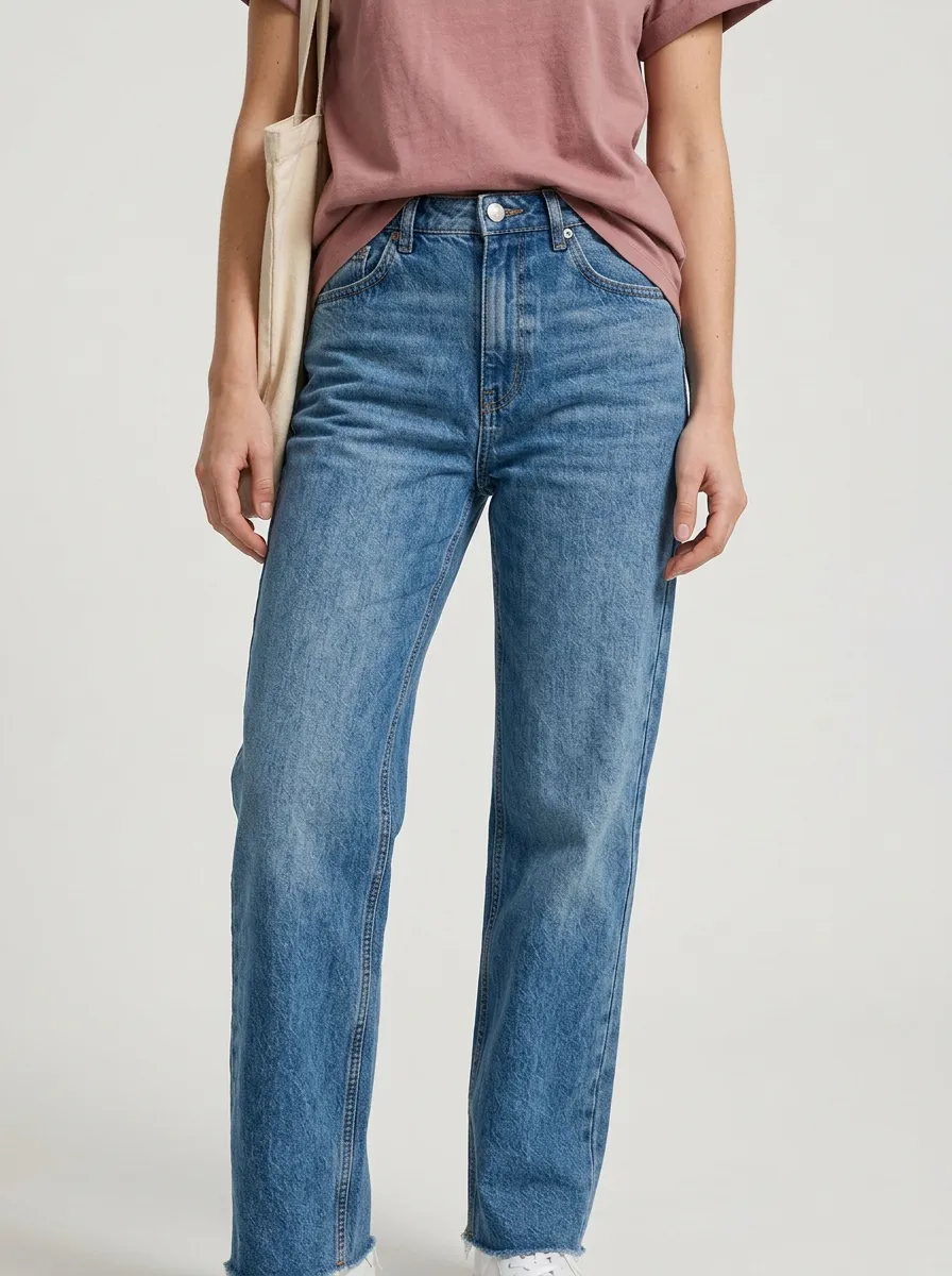 Women's Minimalist Floral Embroidered Pink T-shirt and Denim Jeans Set