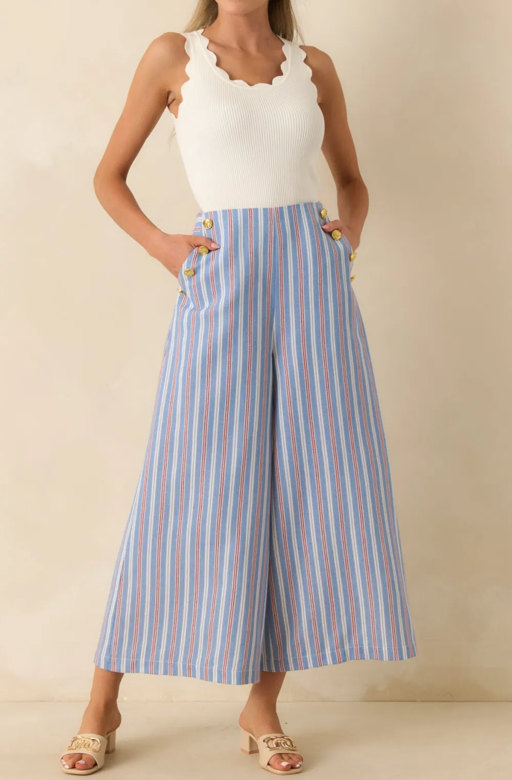 Striped Cotton Blend Wide Leg Pants