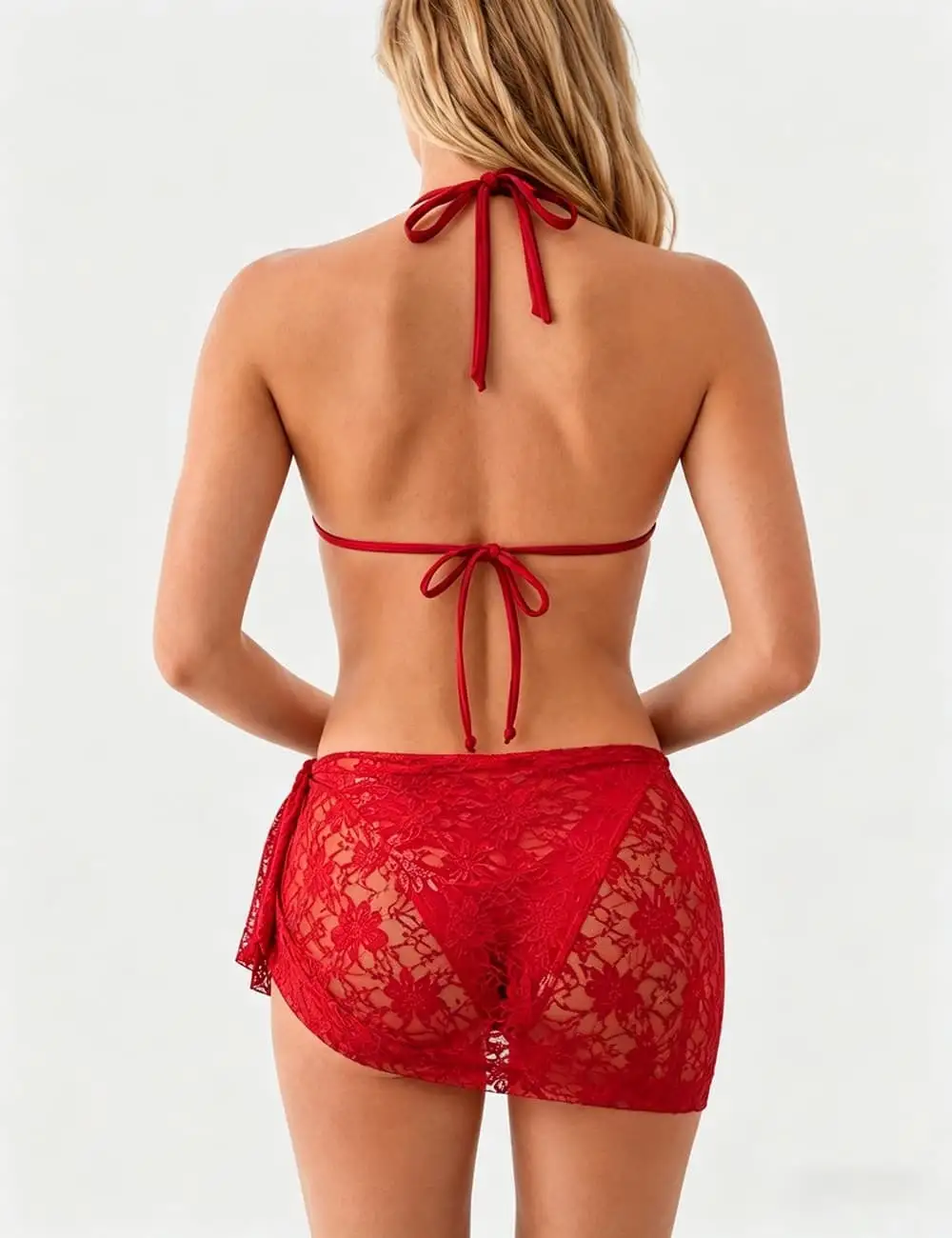 Lace Mesh Triangle Bikini Set with Sarong Set