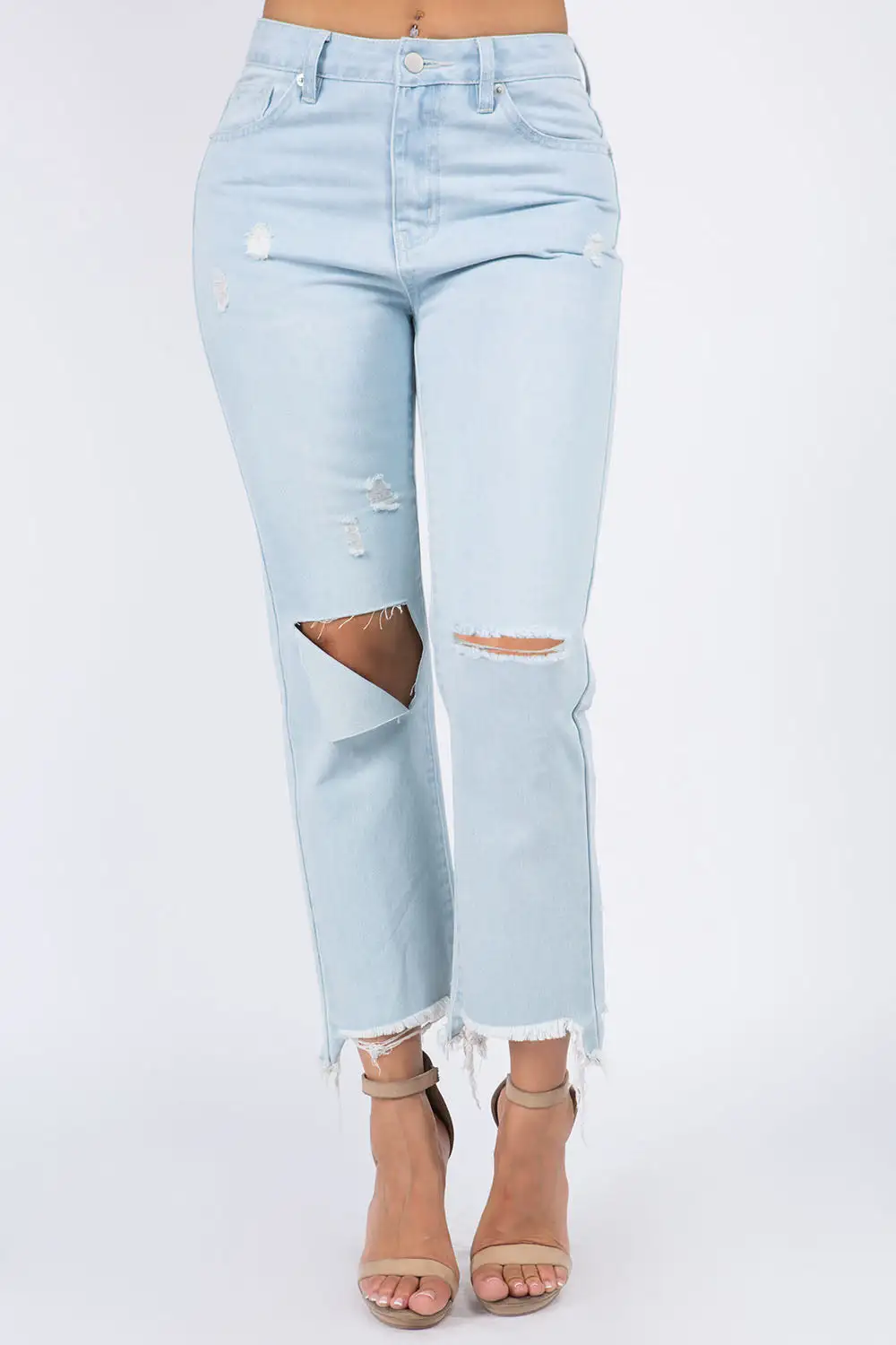 Classic High Waist Raw Hem Distressed Denim Jeans