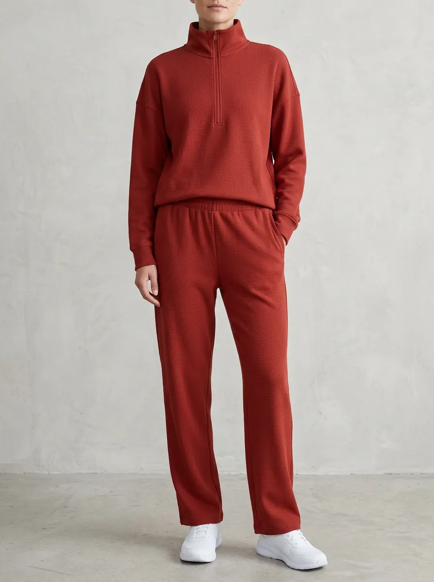 Women's Waffle-Knit Quarter-Zip Pullover & Straight-Leg Pants Set