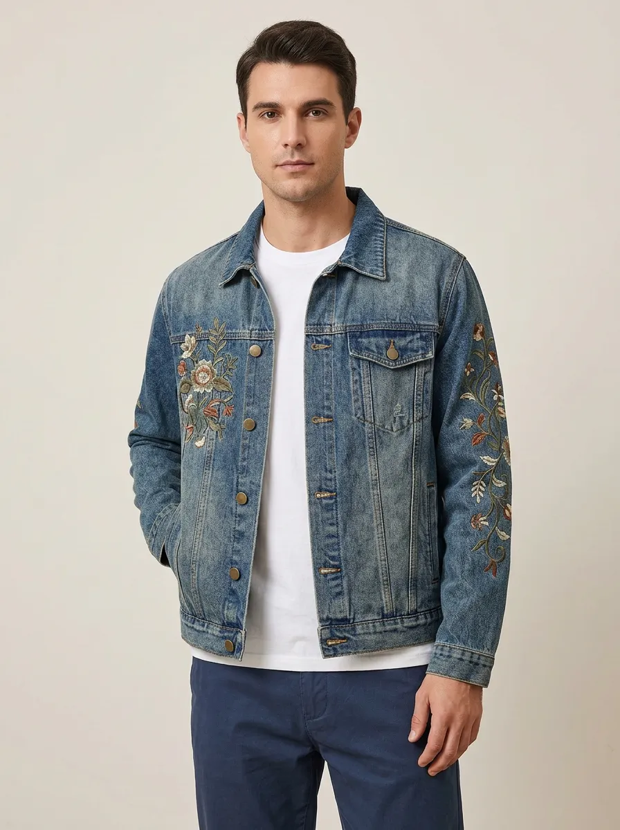Men's Floral Retro Style Vintage Inspired Denim Jacket