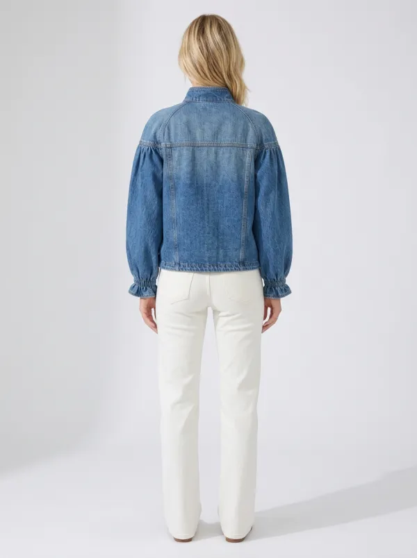 Women's Vintage Military Style Leather Trimmed Denim Jacket
