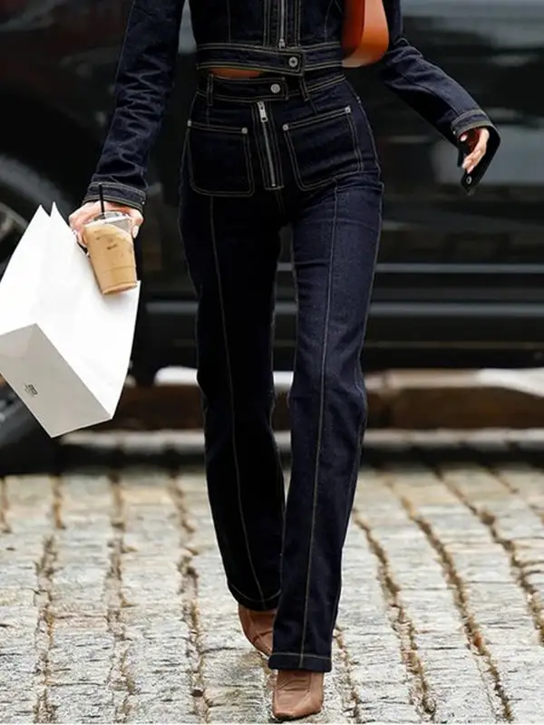 High Waist Zip Detail Pocket Jeans