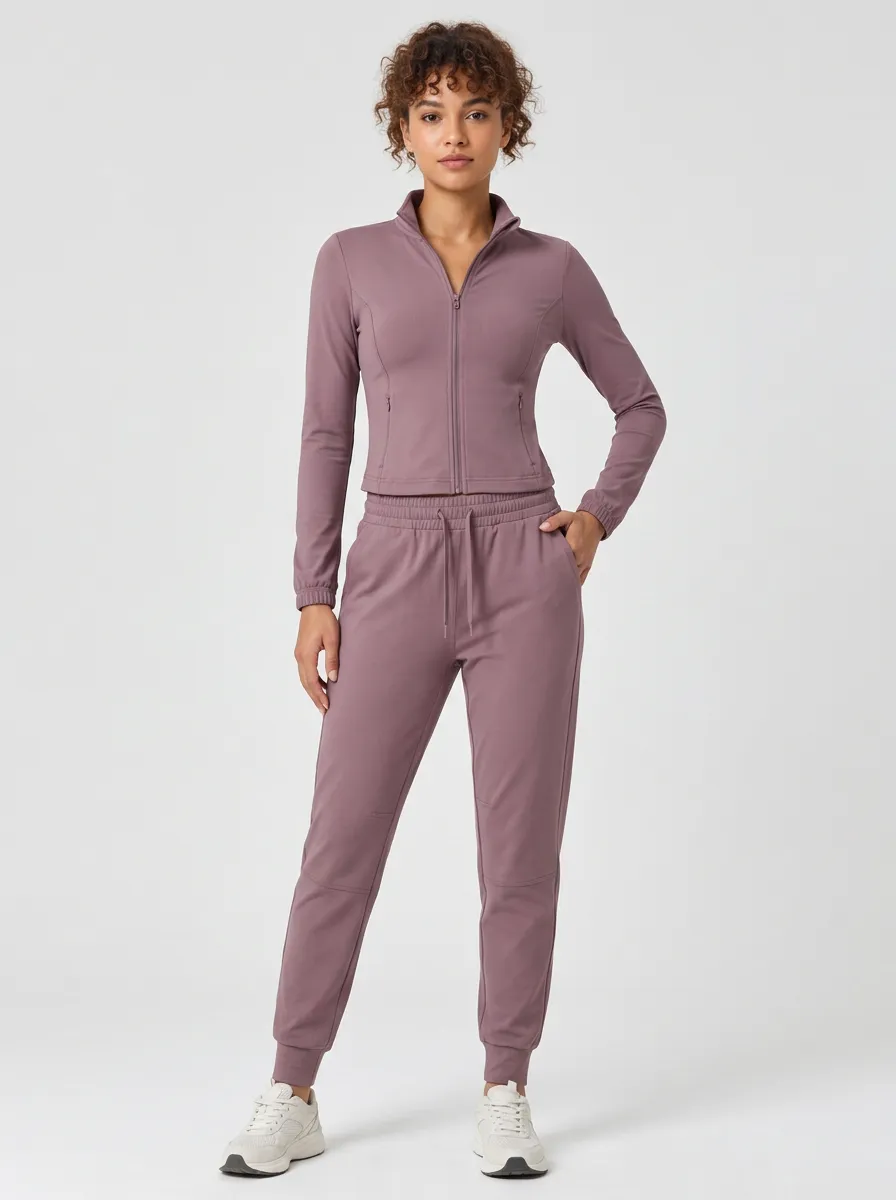 Women's Mauve Athletic Zip-Up Jacket and Jogger Set
