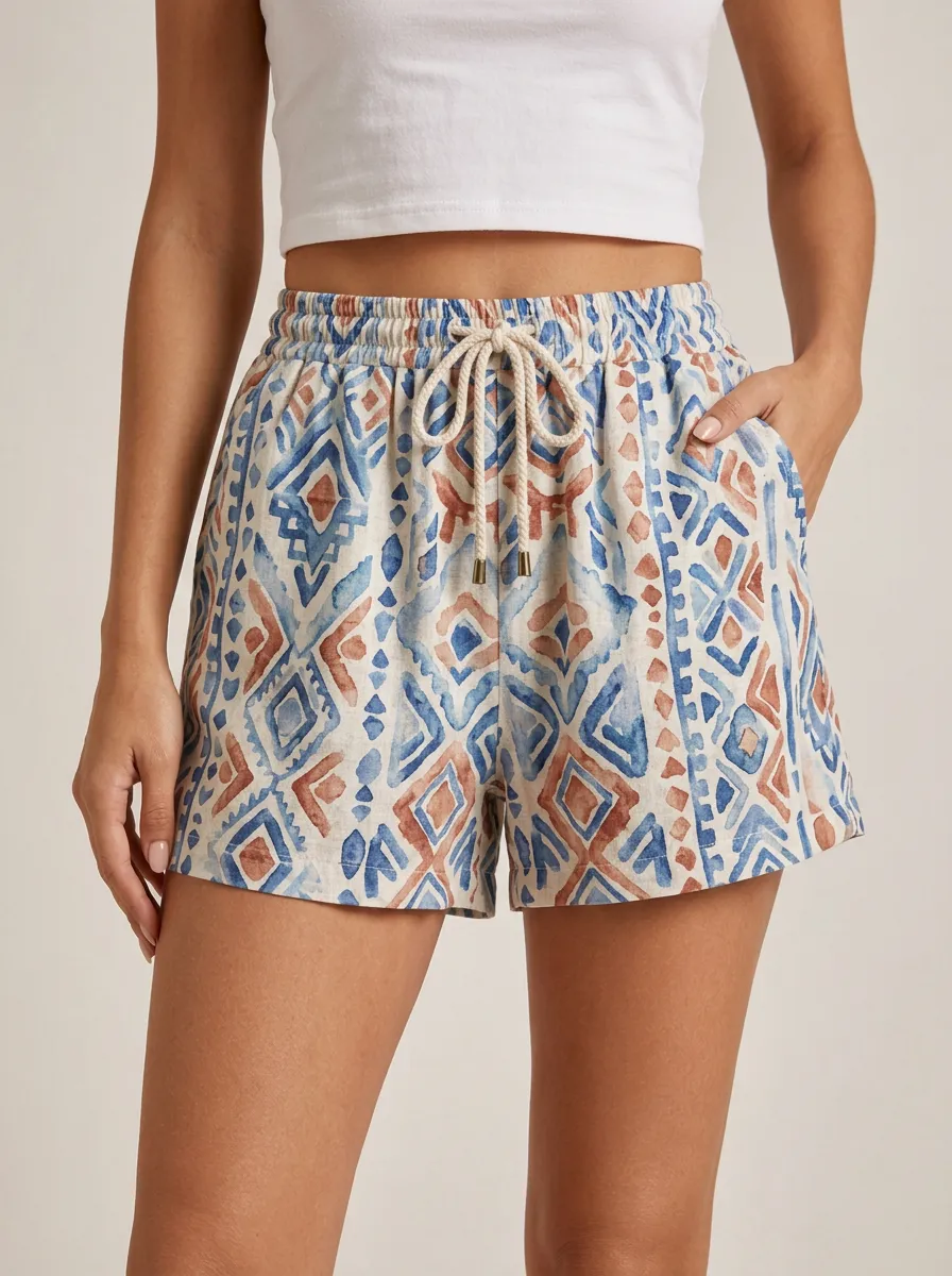 Women's Boho Geometric Pattern Rope Drawstring Printed Shorts