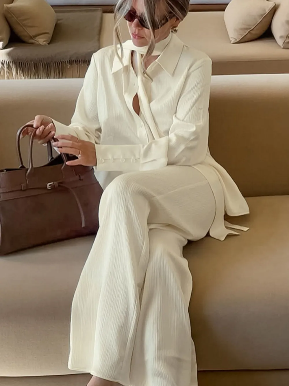 Texture Shirt and Wide Leg Pants Set