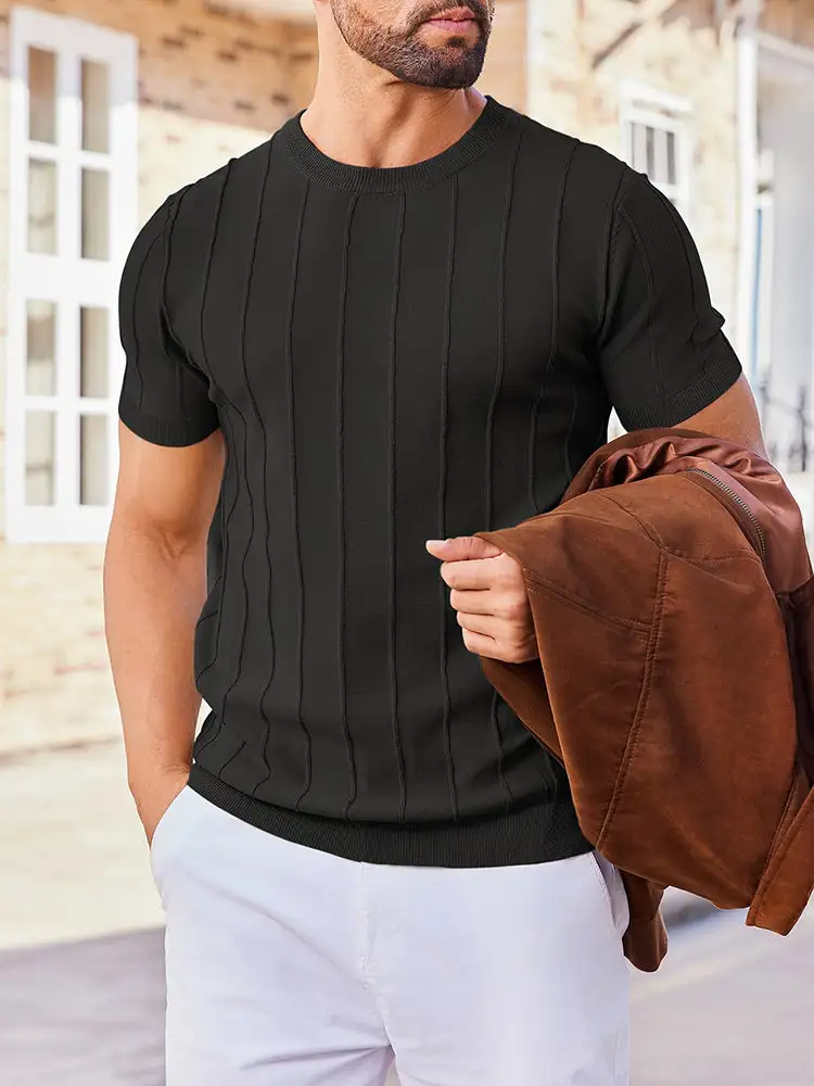 Casual Short Sleeve Shirt Ribbed Knit Pullover Tee