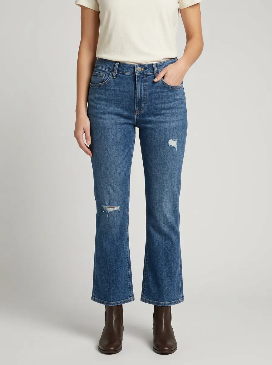 Women's Mid-Rise Contrast-Stitch Thigh-and-Knee Distressed Kick-Flare Jeans