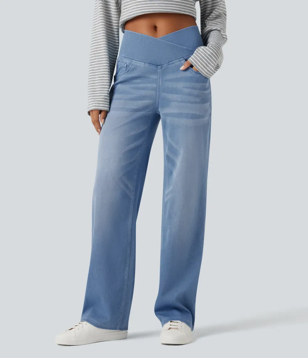 High-waisted, relaxed, crossover straight-leg jeans with  pockets