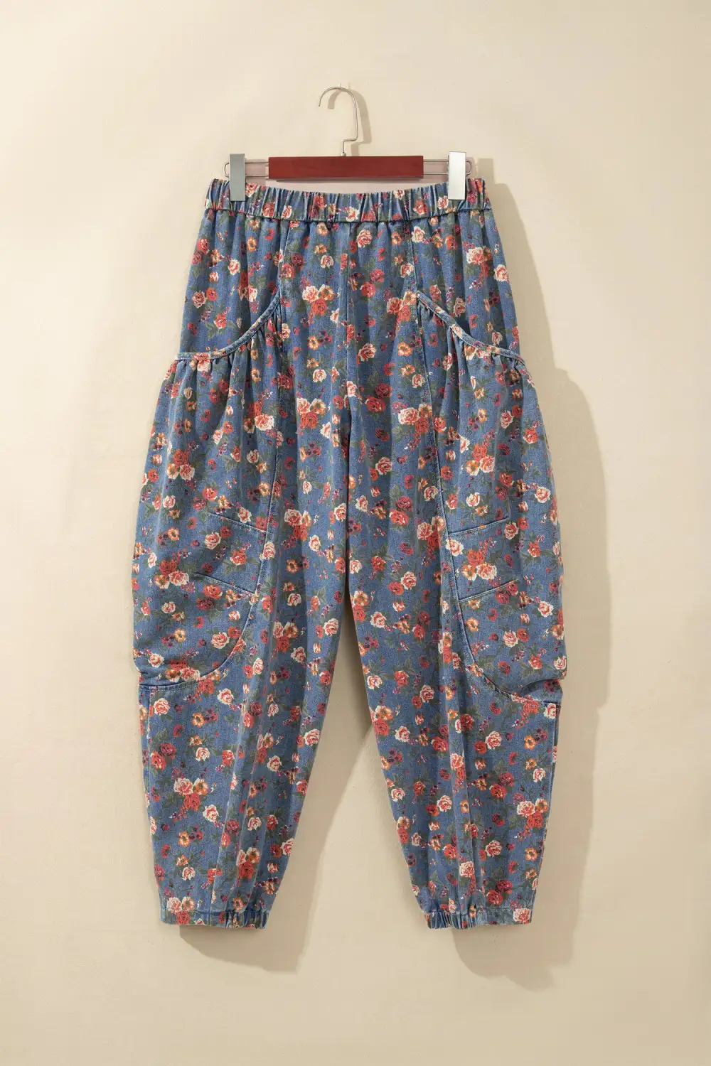 Women's Retro Floral Print Elastic Waist Pocketed Barrel Jeans
