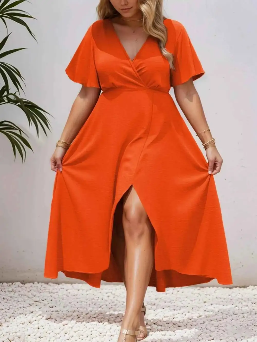 Plus Size Surplice Flutter Sleeve Dress