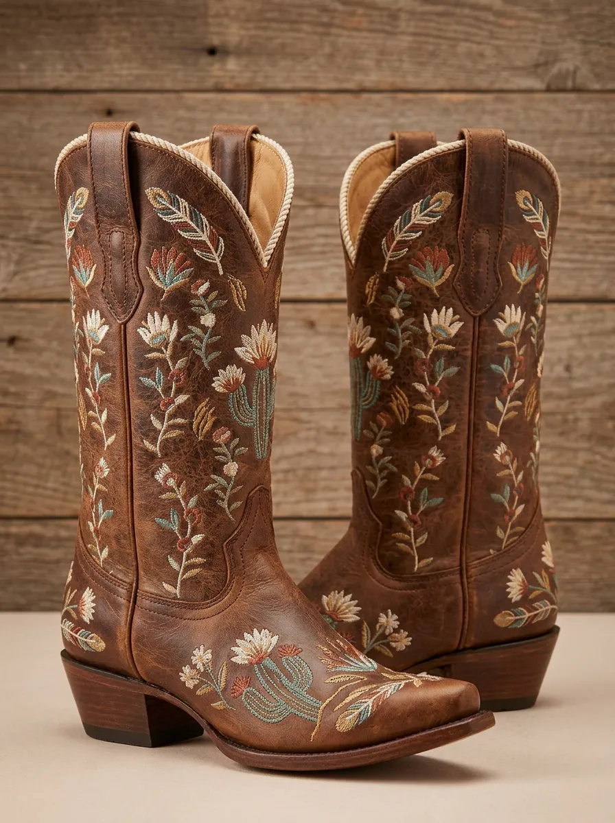 Unisex Classic Cactus Floral Embroidered Western Boots