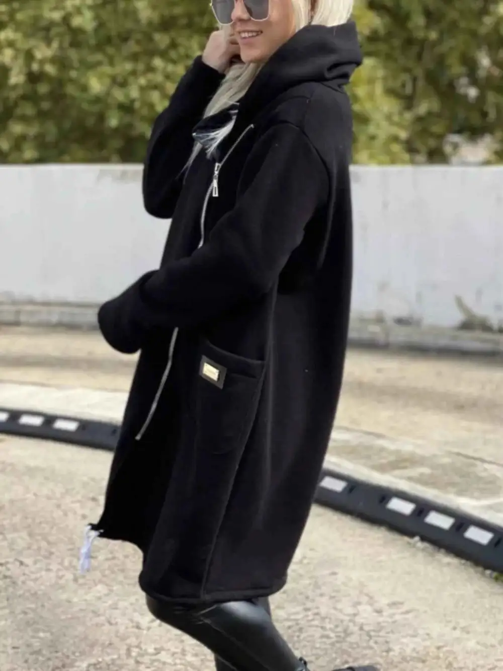 Plus Size Asymmetrical Zip-Up Hooded Fleece Outerwear