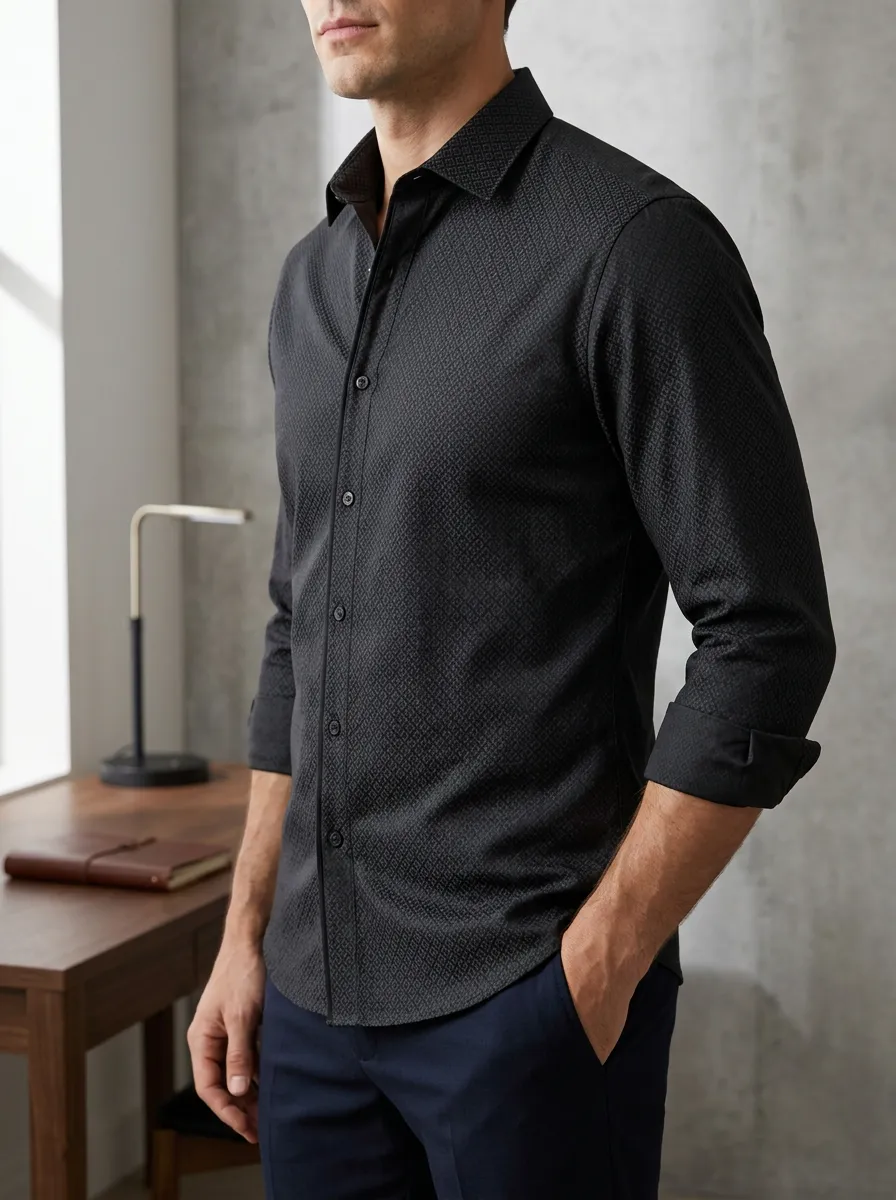 Men's Geometric Folded Cuff Long Sleeve Slim Fit Shirt