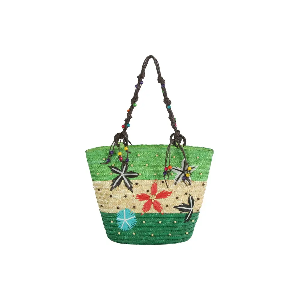 Beaded Floral Straw Shoulder Bag