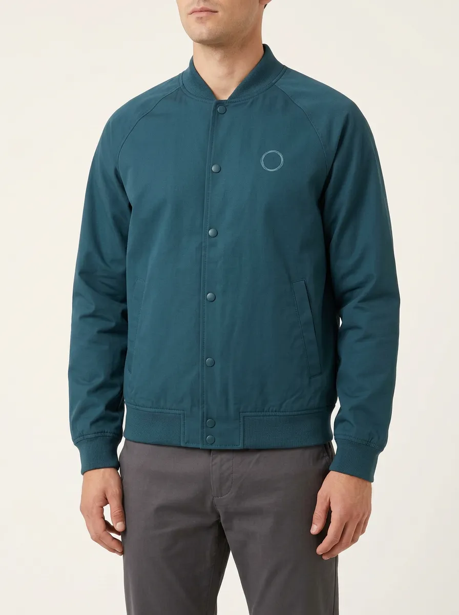 Men's Circle-Embroidered Ribbed Snap-Front Bomber Jacket