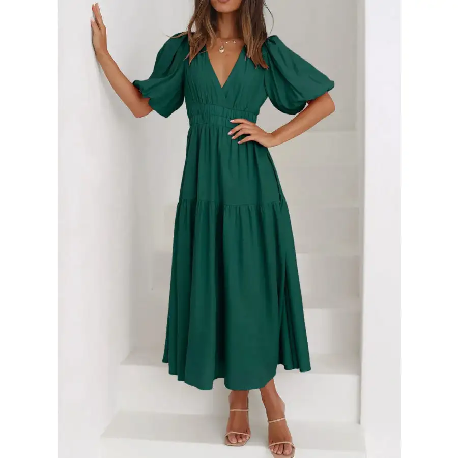 Neck V-Neck Puff Sleeve Midi Dress