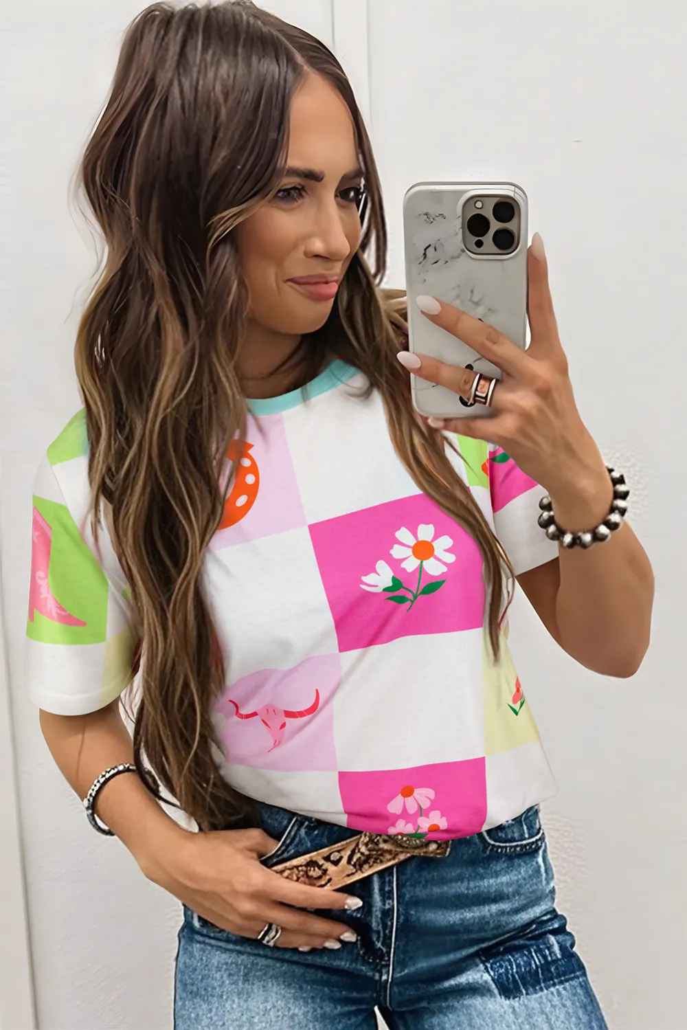 Purple Checker Print Crewneck Tee