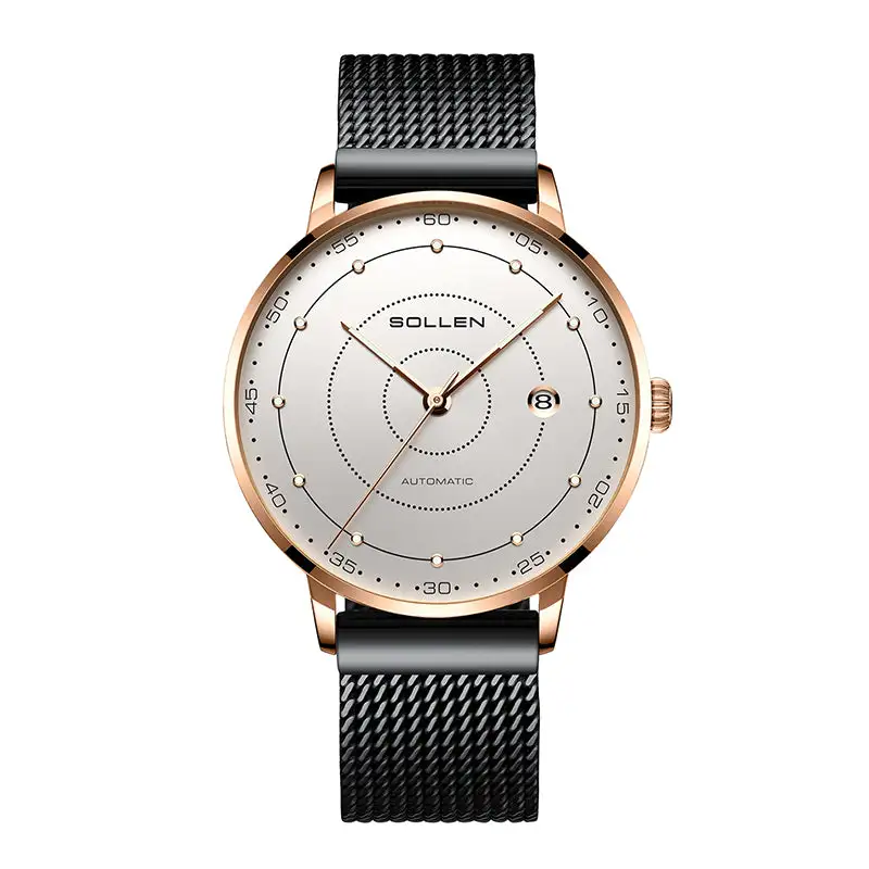 Sollen SL312 Men's Classic Automatic Mechanical Watch - 42mm Stainless Steel Case Slim 9.9mm Luminous Dot Markers Date Window Mesh Bracelet Wristwatch