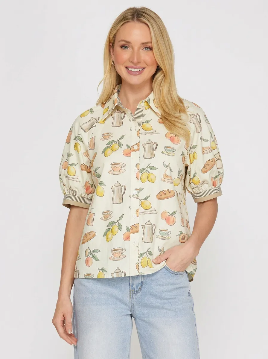 Women's Breakfast Food Lover Lemon Peach Bread Coffee Printed Shirt