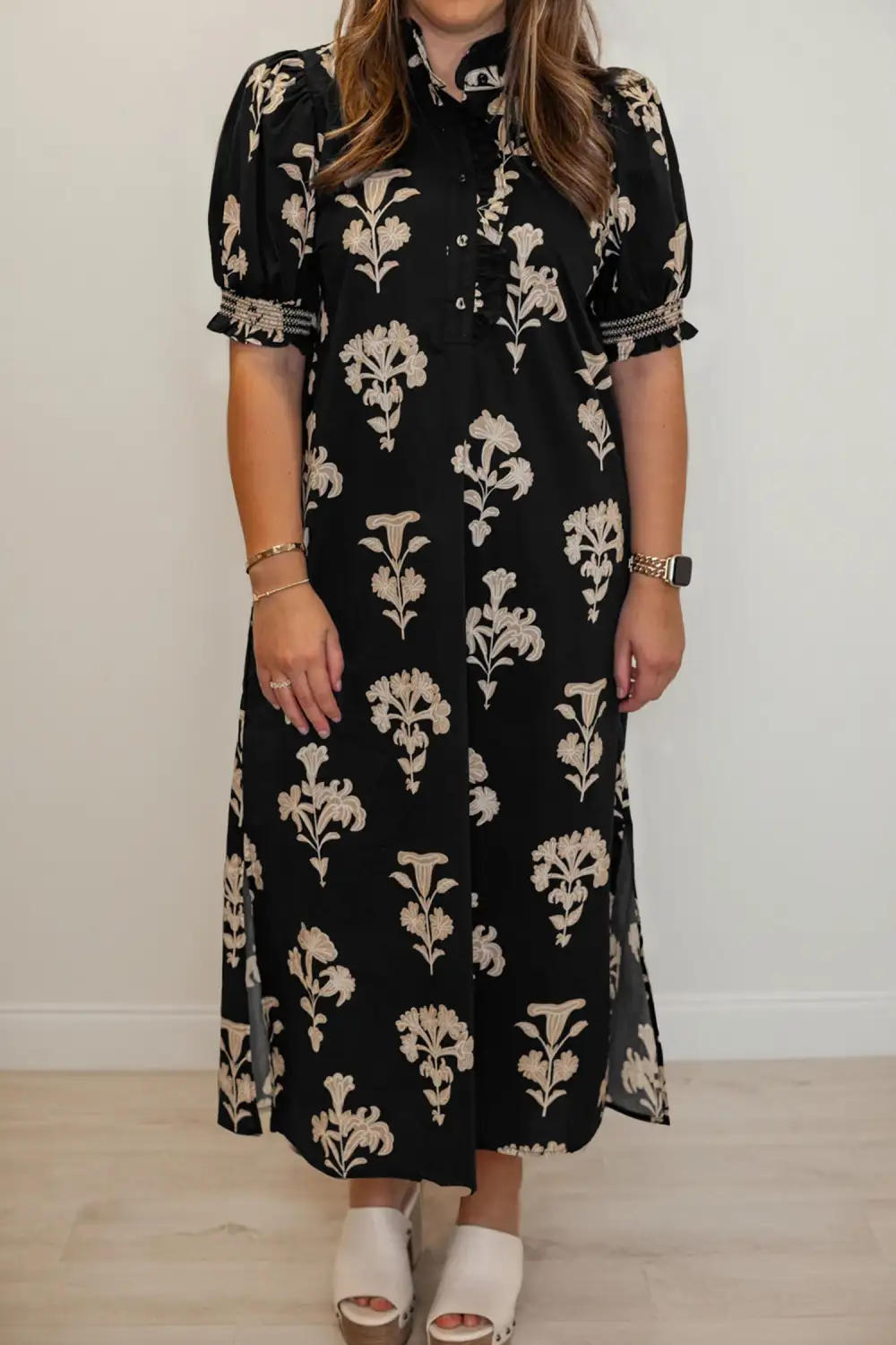 Floral Print Frilled Collar Short Puff Sleeve Maxi Dress