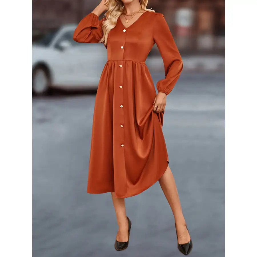 V-Neck Balloon Sleeve Midi Dress