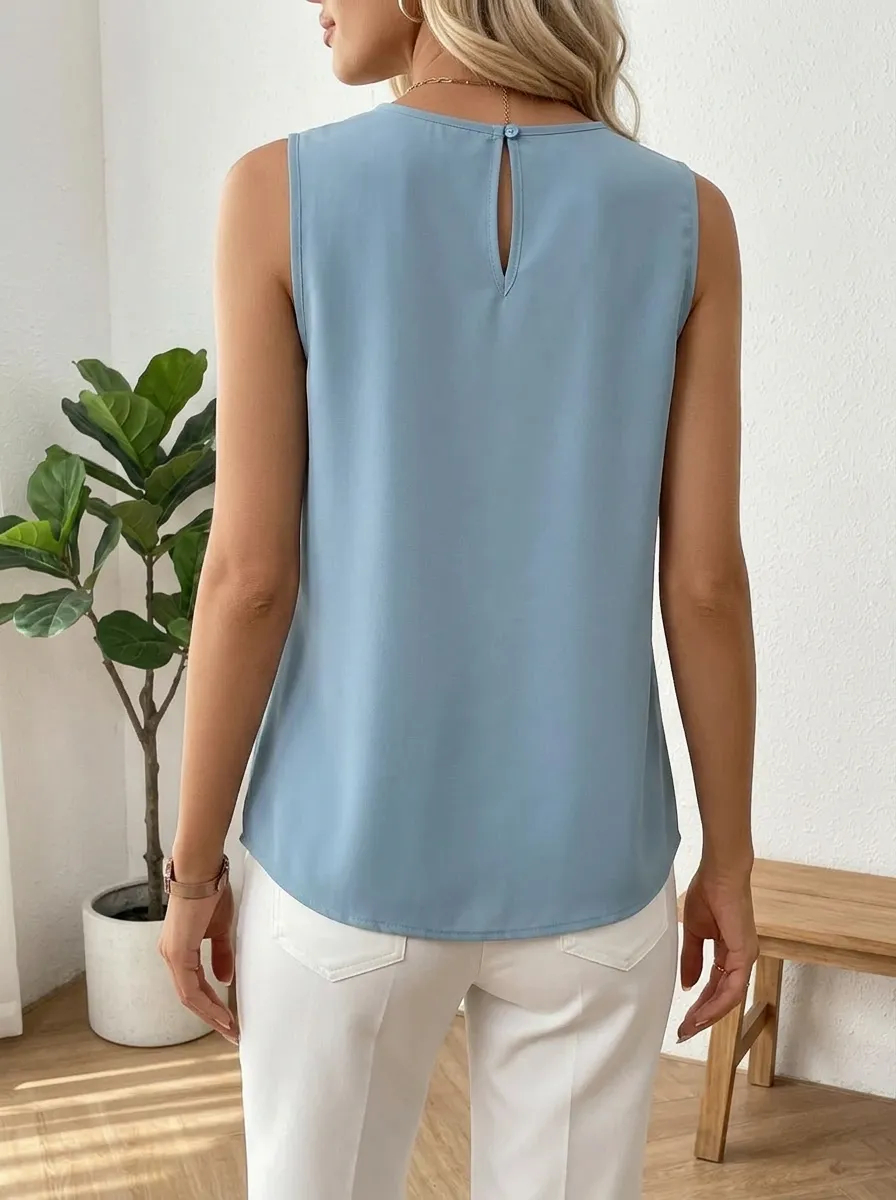 Pleated Lace Trim Sleeveless Blouse