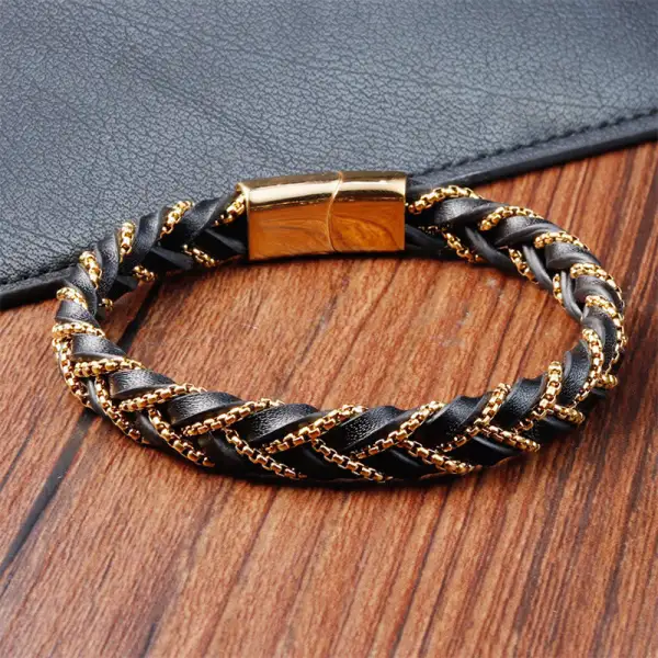 Simple Design Titanium Steel Braided Leather Buckle Bracelet