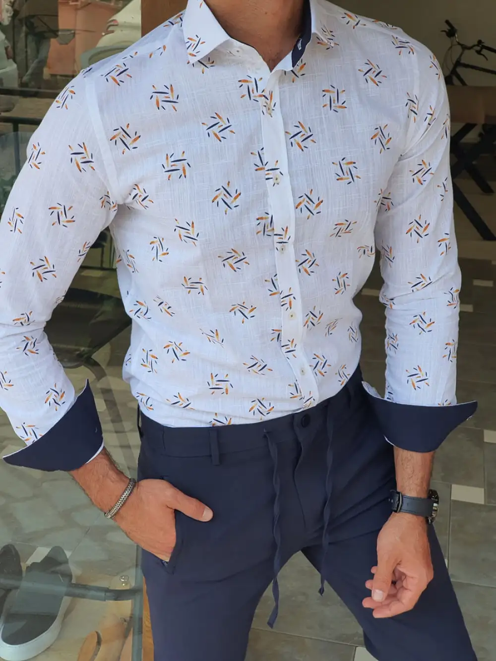 Patterned Slim Fit Linen Casual Shirt