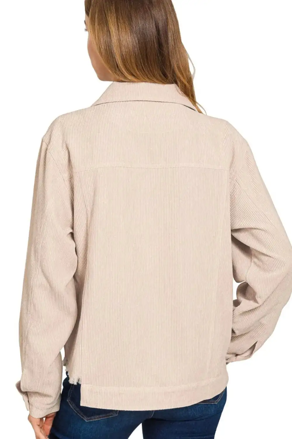 Button Front Distressed Corduroy Cropped Casual Jacket
