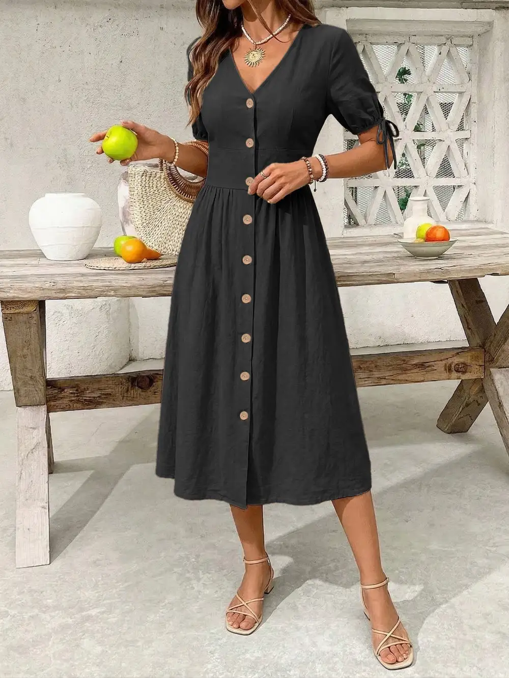 Button Front Short Sleeve Midi Dress