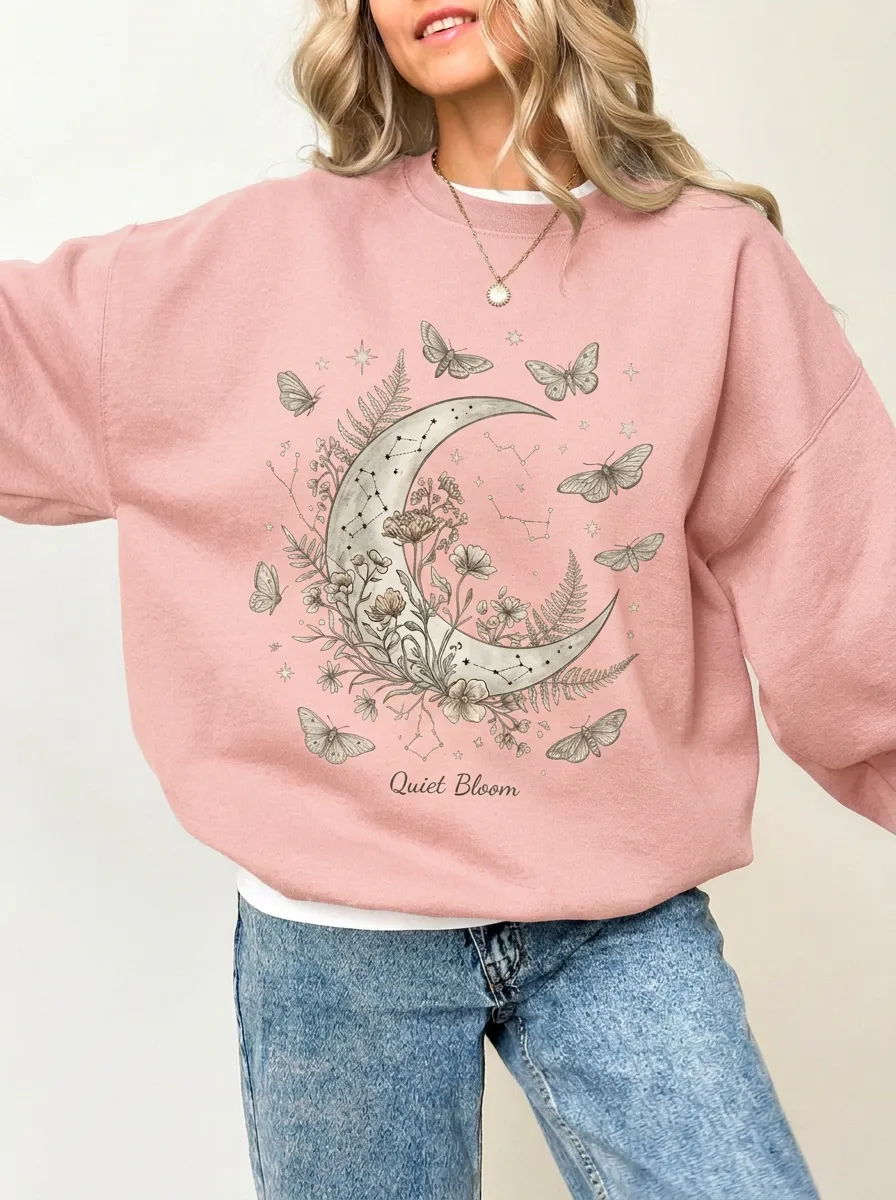 Women's Charcoal Celestial Floral Moon Moth Crewneck Sweatshirt