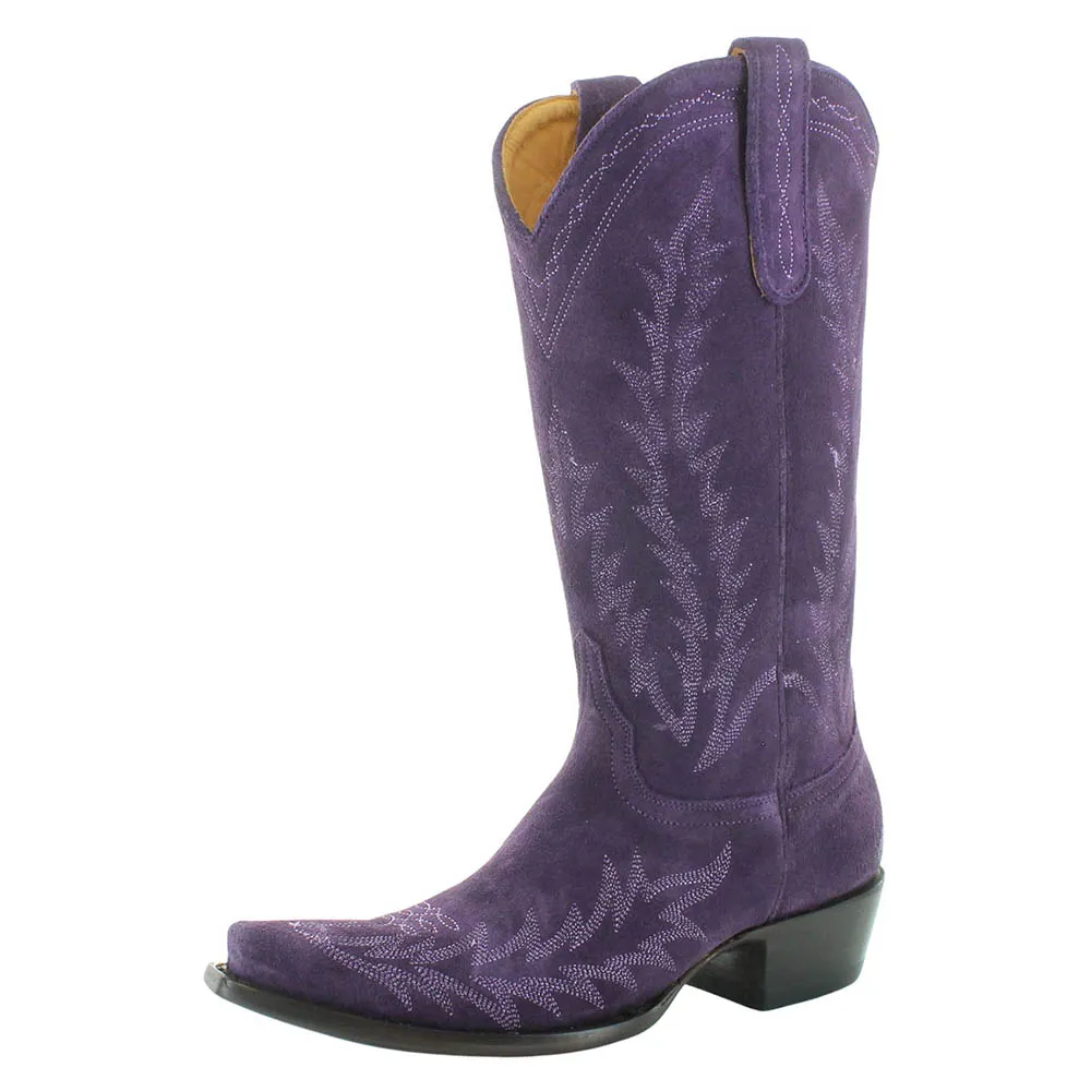 Faux-Suede Embroidered Pointed-Toe Snip-Toe Mid-Calf Boots