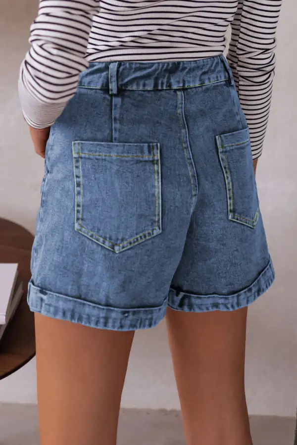 Seam Detail Pocketed Cuffed Hem Denim Shorts