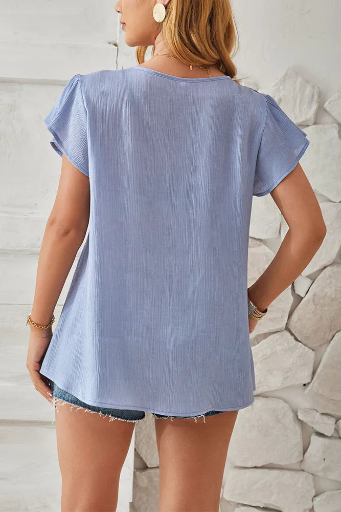 Texture V Neck Flare Sleeves Blouse