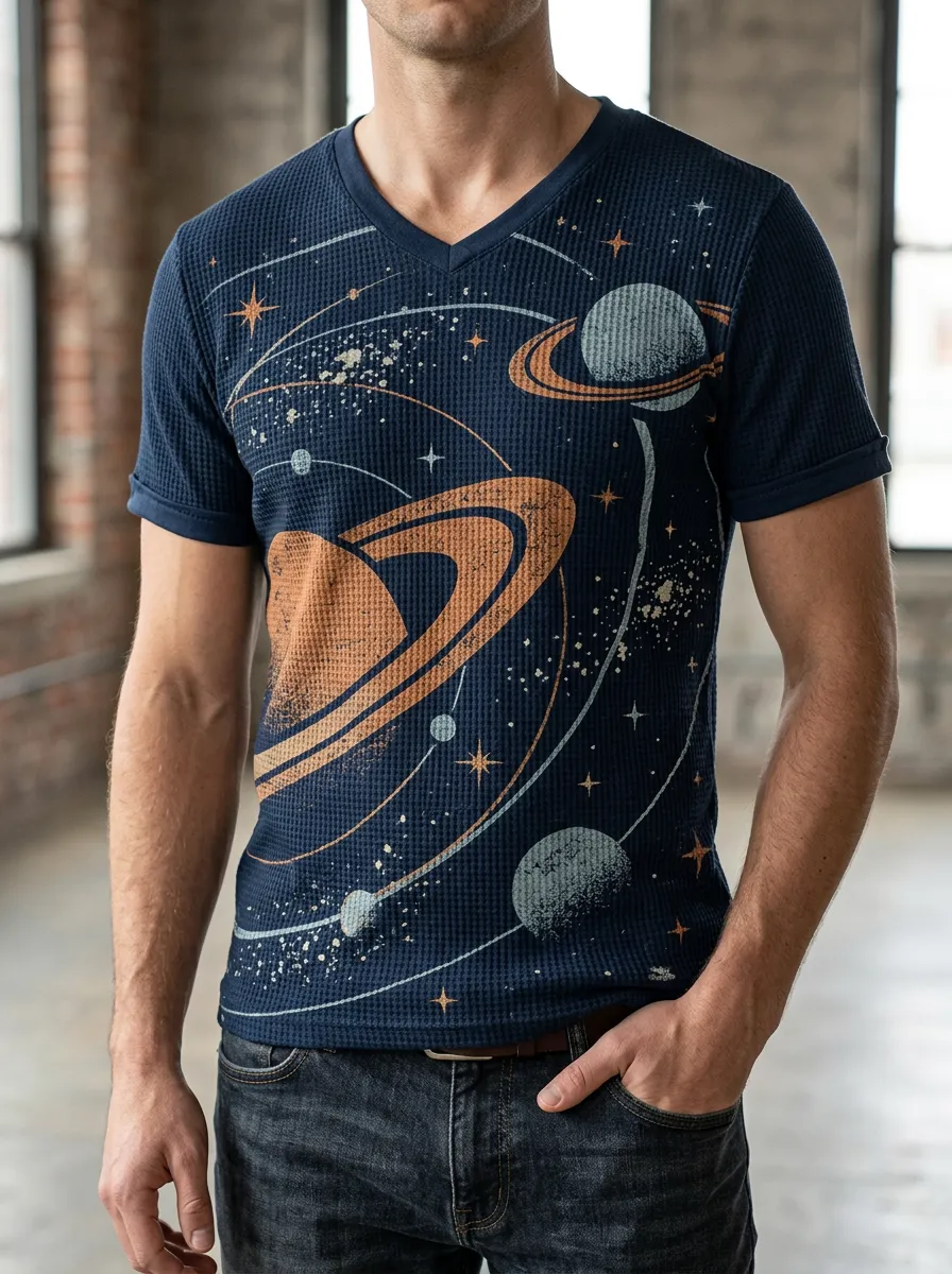 Men's Space Astronomy Saturn Planet Printed V-Neck T-Shirt