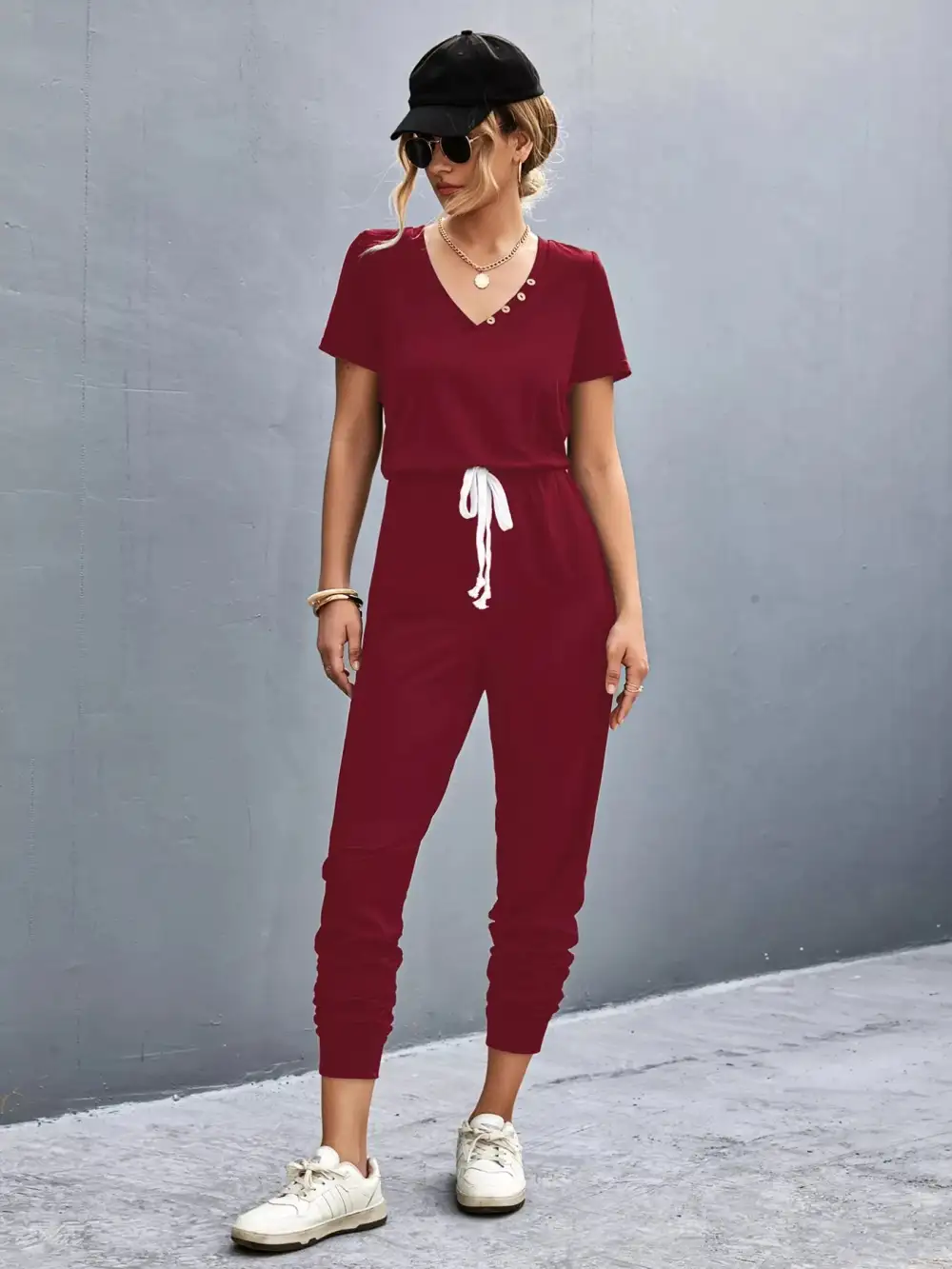 Casual V Neck Short Sleeve Drawstring Shorts
