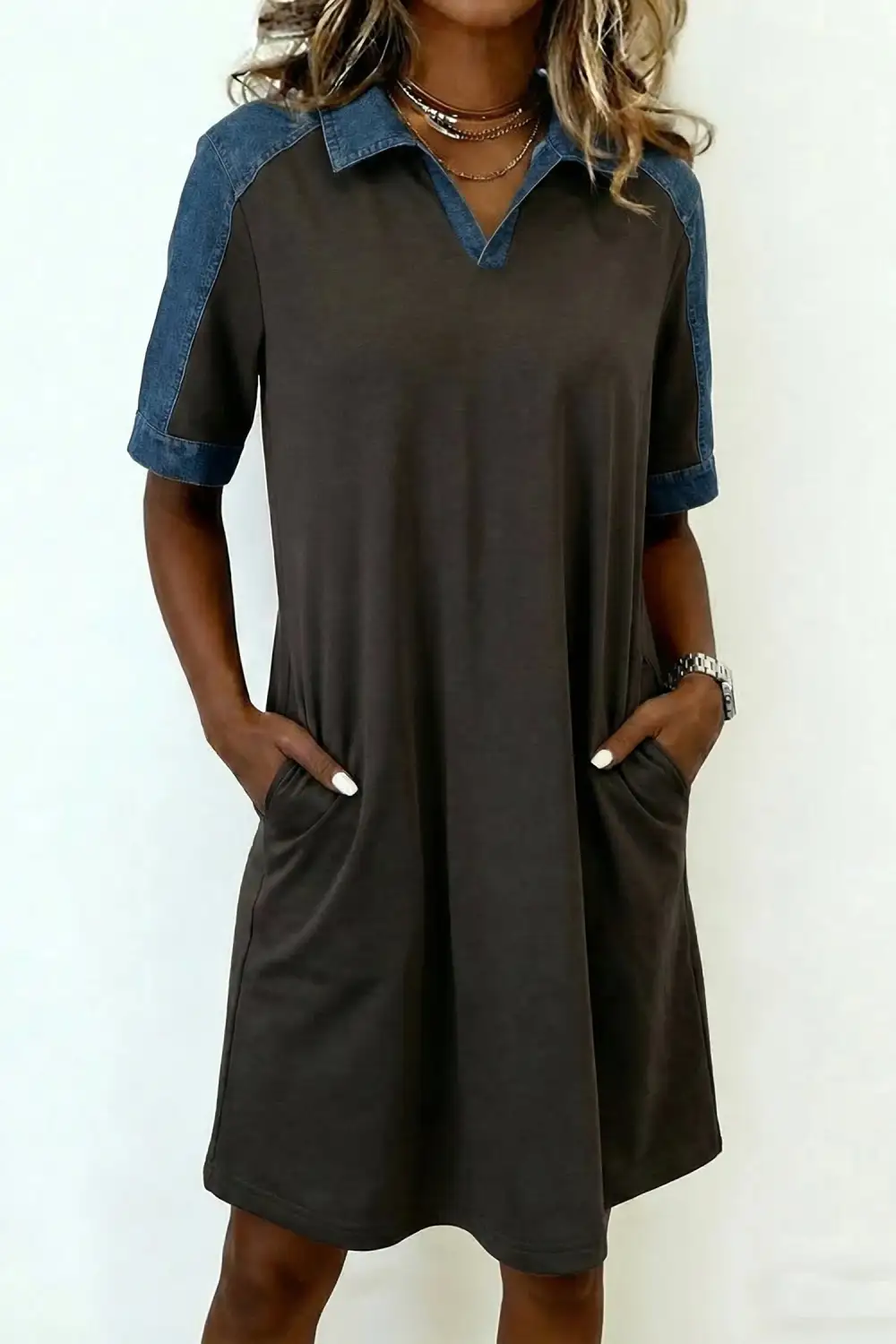 Women's Colorblock Denim Shift Patchwork Dress