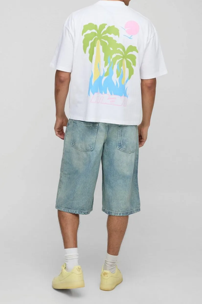 Oversized Extended Neck Man Multi Flame Palm Crew Neck T-Shirt