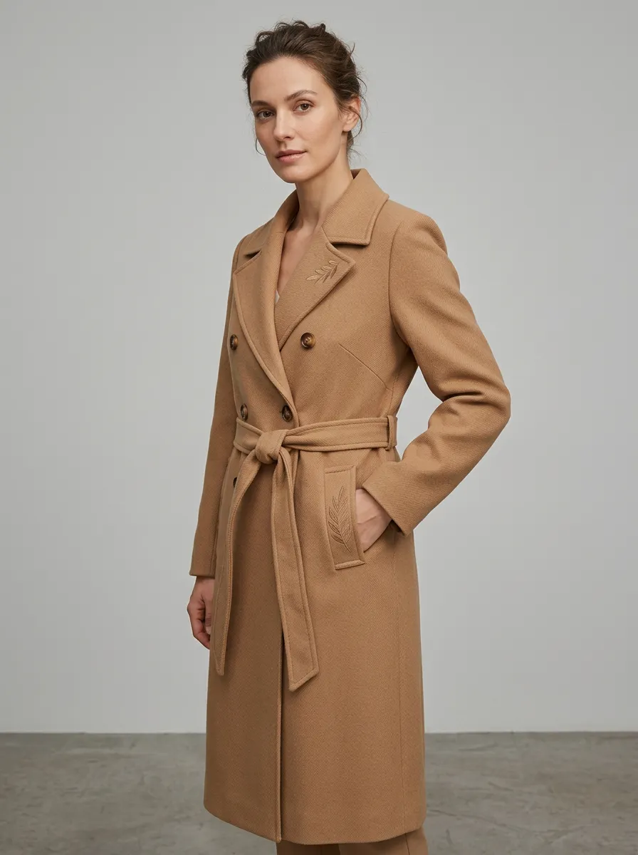 Women's Minimalist Leaf Embroidered Camel Wool Coat