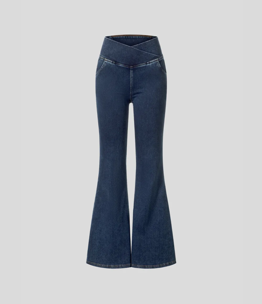 Magic High Waisted Crossover Pocket Washed Stretchy Knit Casual Super Flare Jeans