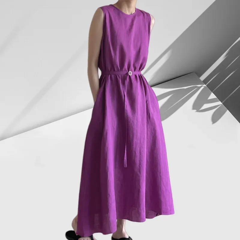 Sleeveless Linen Blend Cotton Blend Maxi Clean Line Dress
