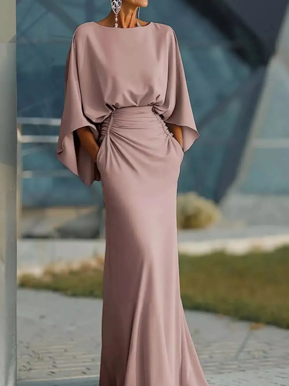 Batwing Sleeve Ruched Maxi Dress