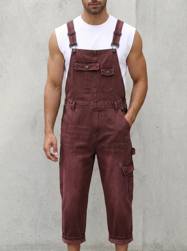 Men's Casual Streetwear Washed Grey Denim Cargo Overalls